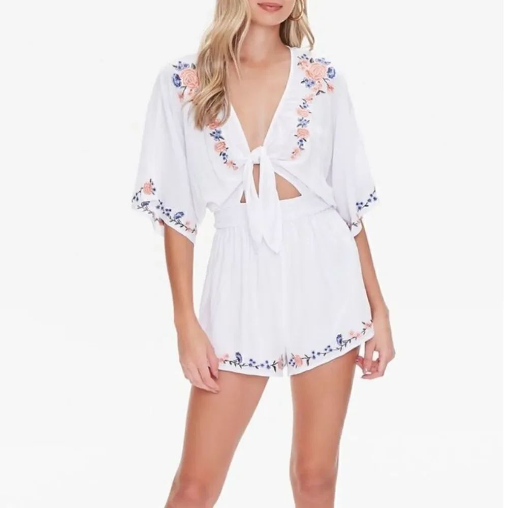 Forever 21 yellow floral embroidered tie-front romper, small